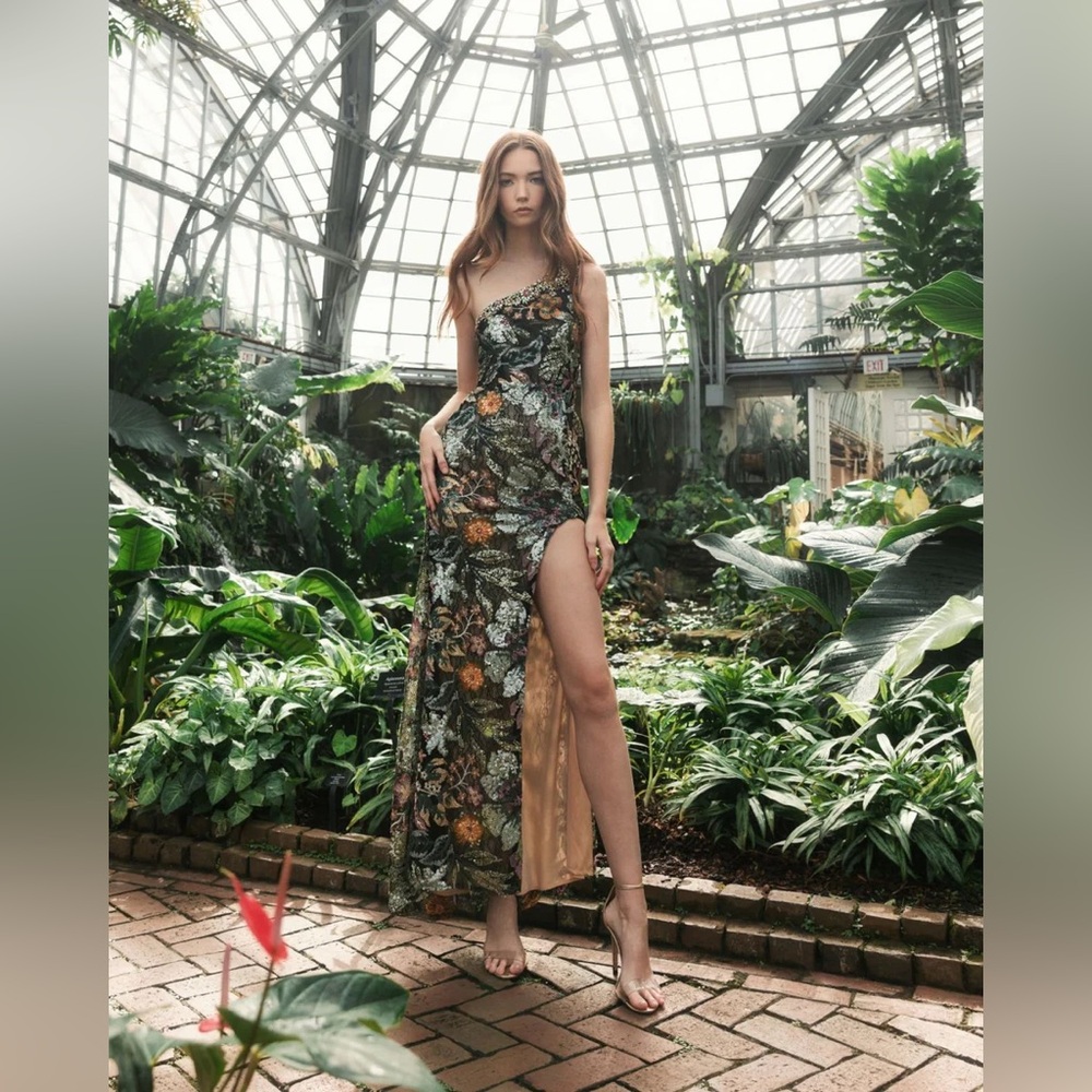 Mac Duggal Floral One-Shoulder Maxi Dress - Green and Gold - Picture 5 of 7